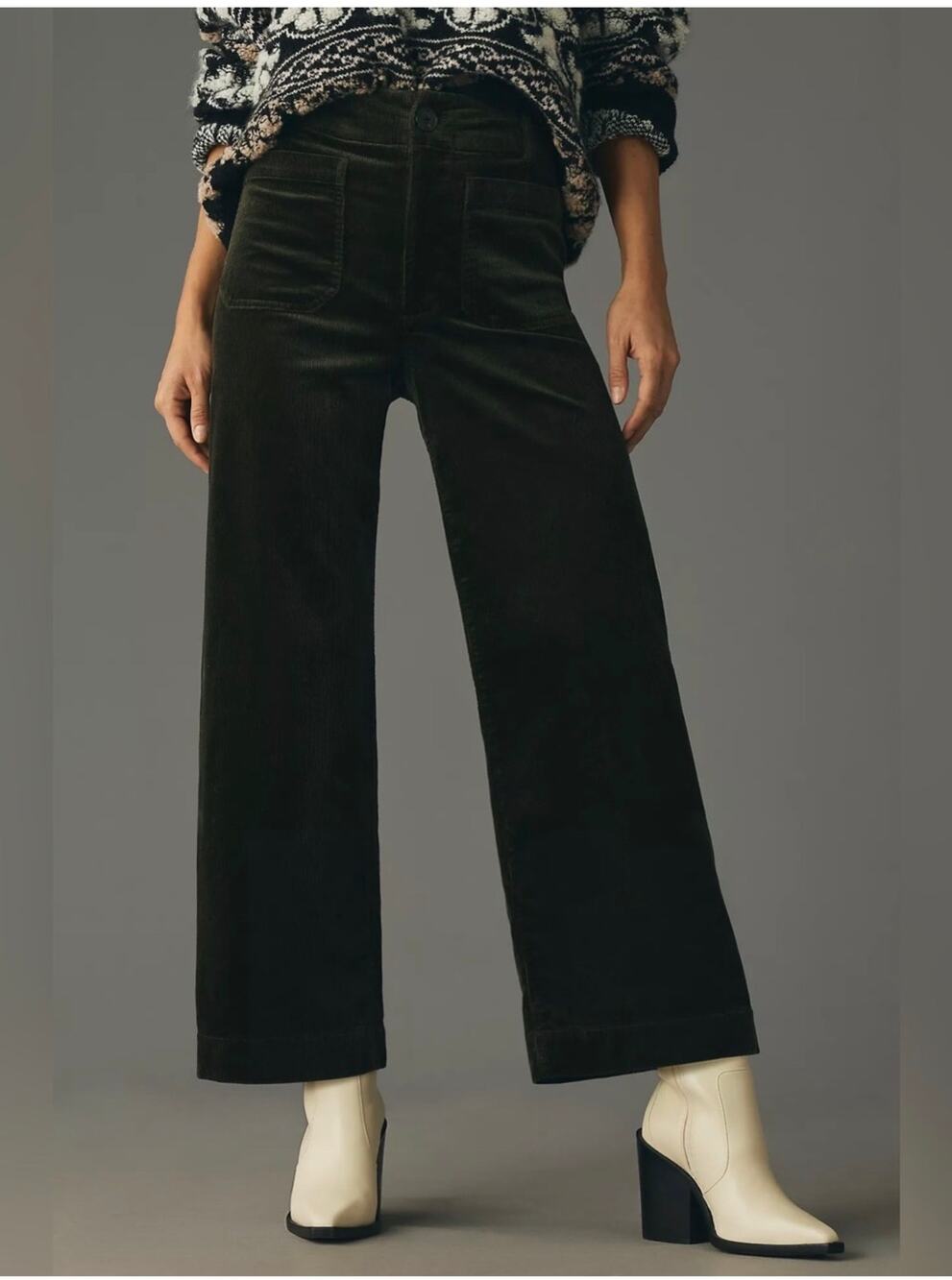 Anthropologie Maeve Colette Pants Womens 31 Green Corduroy Wide Leg Crop Stretch